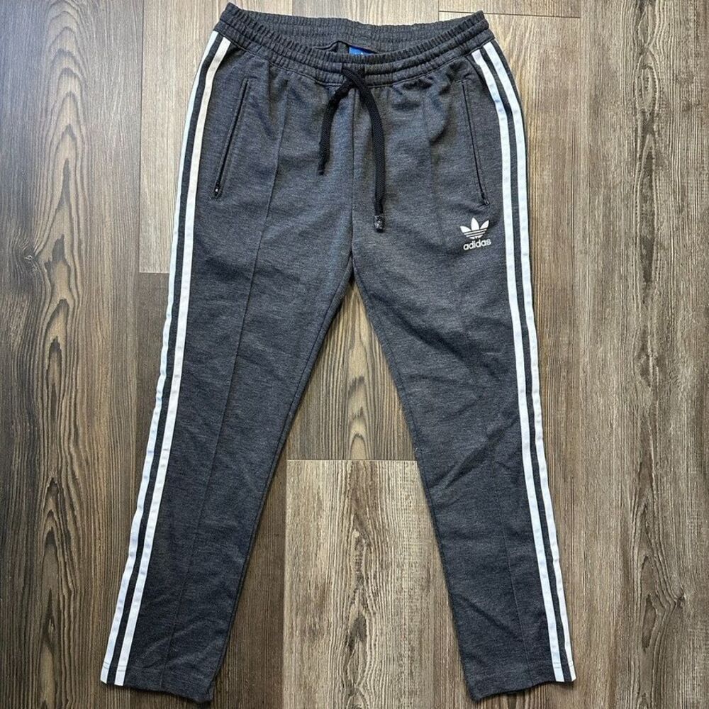 Adidas Athletic Pants Womens Small Gray Three Stripe Cigarette Pin Tuck Zipper